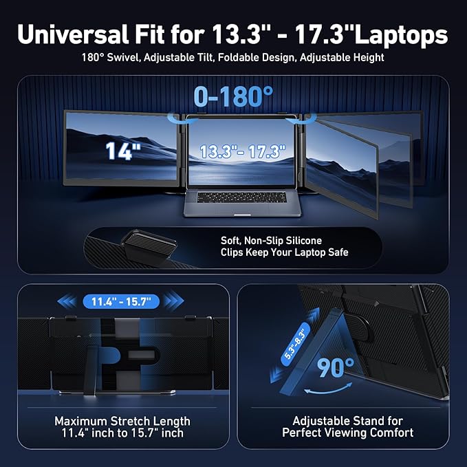 Vixtan 14" Triple Laptop Screen Extender, 3.0 lbs Lightweight FHD IPS Portable Monitor for Laptop, USB-C Plug & Play Multi Screen Attachment for 13-17.3" laptops with Windows/Mac/Chrome