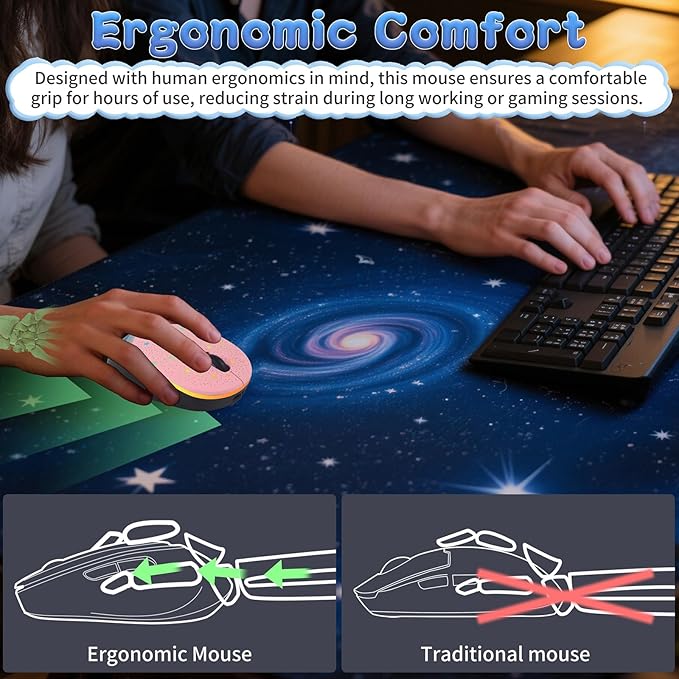 elec Space Bluetooth Wireless Mouse with Starry Sky RGB Backlight - Ergonomic Dual Mode Rechargeable Mouse, Type-C Charging - Perfect for Office, Gaming & Travel (Pink)