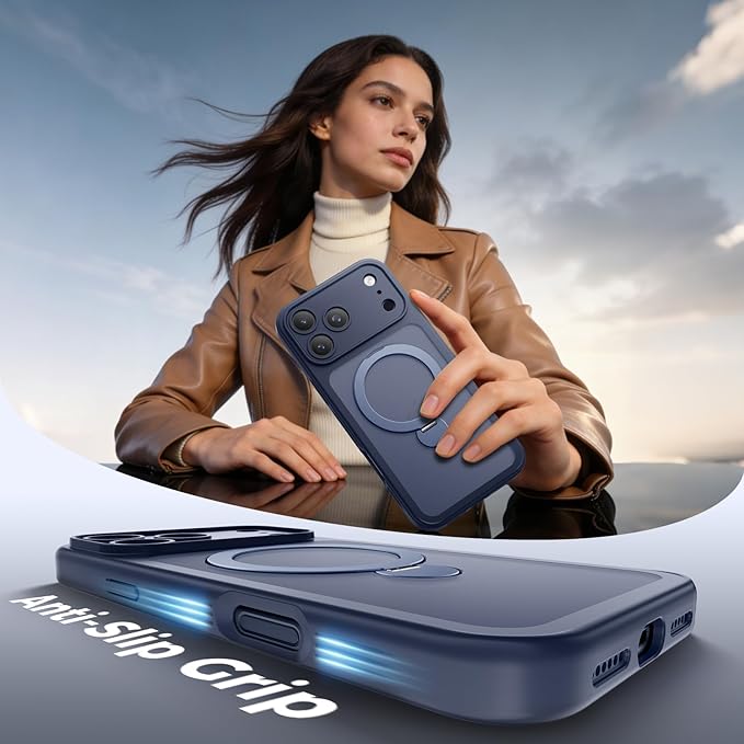 for iPhone 17 Pro Max Case [ 360° Spin Magnetic Stand] [Full Camera Protection] Compatible with Magsafe, 15FT Military-Grade Protection, Translucent Anti-Slip Phone Case 6.9'', Deep Blue