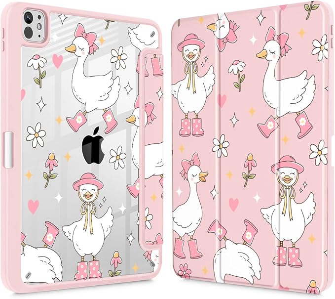 May Chen Case for iPad Pro 11-Inch M5/M4 2025/2024 (6th/5th Generation), [Penceil Holder] Trifold Stand Auto Wake/Sleep Clear TPU Protection Back Cover, Cute Goose Spring