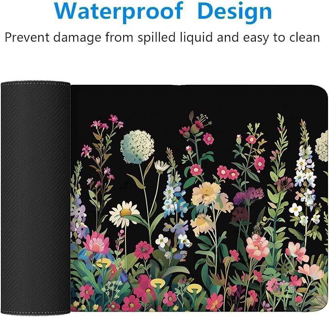 Floral Desk Mat Cute Plant Wildflowers Flowers Large Gaming Mouse Mat with Stitched Edges,Non-Slip Waterproof Rubber Base Mous Mat 31.5"x11.8" Office Computer Keyboard Laptop Home