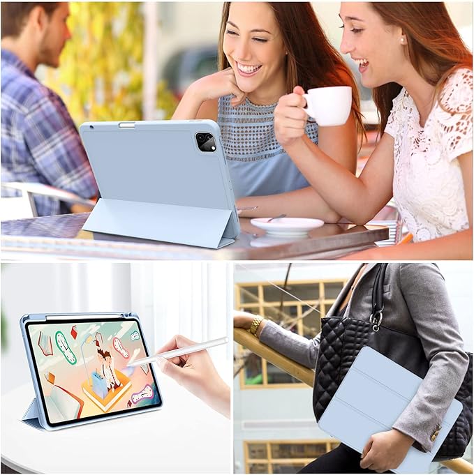 kenke Case for iPad Pro 11 Inch 4th/3rd/2nd Generation (2022/2021/2020) with Pencil Holder, Slim Trifold Smart Cover with Soft TPU Back, Support 2nd Gen Pencil Charging, Auto Sleep/Wake, Light Blue