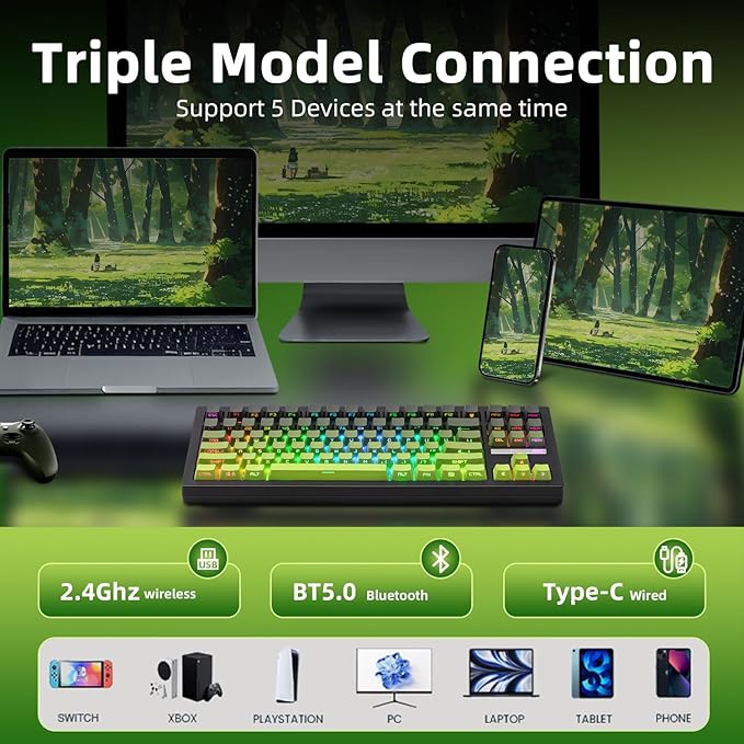 ZORNHER ZH870 Wireless Mechanical Gaming Keyboard,80% Green Custom Creamy Sound Keyboard with Shine Through PBT Keycaps,Pre-lubed Linear Switches,Hot-Swappable,RGB Backlit,2.4GHz/USB-C/BT5.0