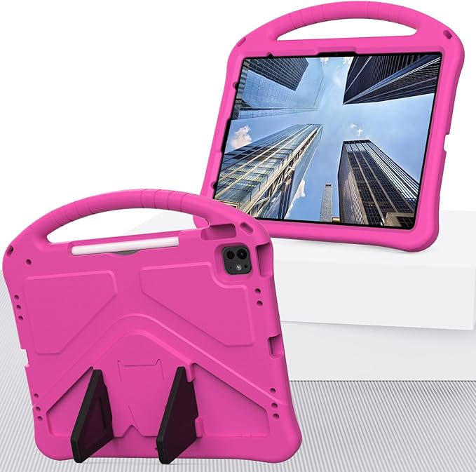 Kids Case for iPad Air 13 inch M4/M3/M2 & iPad Pro 13 inch M5/M4 (2025/2024) & iPad Pro 12.9 inch Cover 6th/5th/4th/3rd Generation (2022/2021/2020/2018) with Stand/Handle/Pencil Holder, Rose