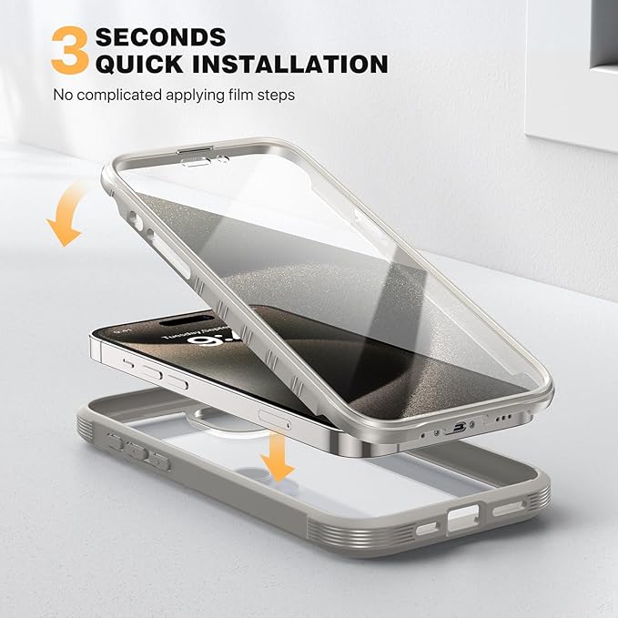Diaclara Magnetic Designed for iPhone 15 Pro Max Case Full Body Bumper,[Compatible with MagSafe] Military Drop Proof Cover with Built-in Touch Sensitive Anti-Scratch Screen Protector,Grey Titanium