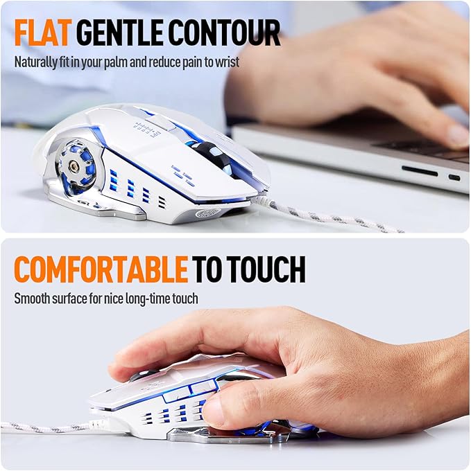 Guiheng Wired Gaming Mouse, Optical USB Mice for Laptop/Desktop, 1200 to 3600 and RGB Light, Ergonomic with 6 Programmable Buttons for Computer Windows 7/8/10/XP Vista Linux Chromebook PC (White)