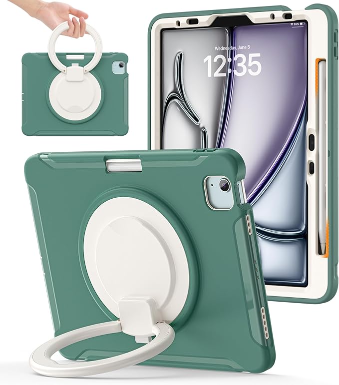 BATYUE Shockproof Case for iPad Air 11" M2/M3/M4, Air 4/5 10.9", iPad Pro 11" 1st-4th Gen 2018-2022 | 360° Multi-Angle Stand (Portrait & Landscape) & Grip, Built-in Pencil Holder, Jade Green