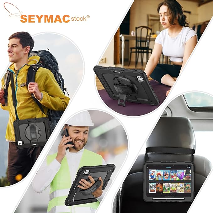 SEYMAC stock Case for iPad Pro 11-inch M5-M4 2025-2024, Shockproof Heavy Duty Case with Screen Protector, Pencil Holder, Rotating Stand, Hand Strap, Shoulder Strap, Black