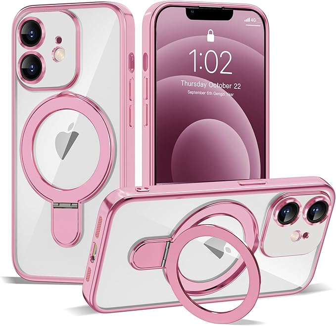 Compatible with iPhone 12 Case with Invisible Magnetic Ring Stand [Compatible with Mag-Safe] [Full Camera Lens Protector] Plating Clear Phone Case for iPhone 12 6.1", Pink