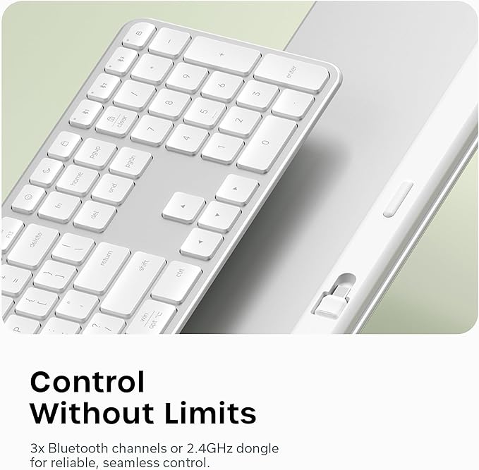 Satechi Slim EX3 Wireless Keyboard, Full-Size Keyboard w/Numpad, Multi-Device Bluetooth, 2.4GHz Connection for macOS, Windows, Android, Instant OS Key Remap,USB-C Rechargeable Battery, Silver