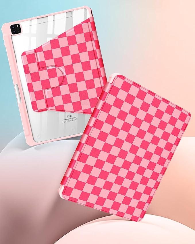 Uppuppy for iPad Pro 12.9 Case Folio Cover with Pencil Holder Girls Cute Women Kids Girly Checkered Design Pretty Aesthetic Rotating Stand for Apple iPad Pro 12.9 Inch Cases 2022/2021/2020/2018