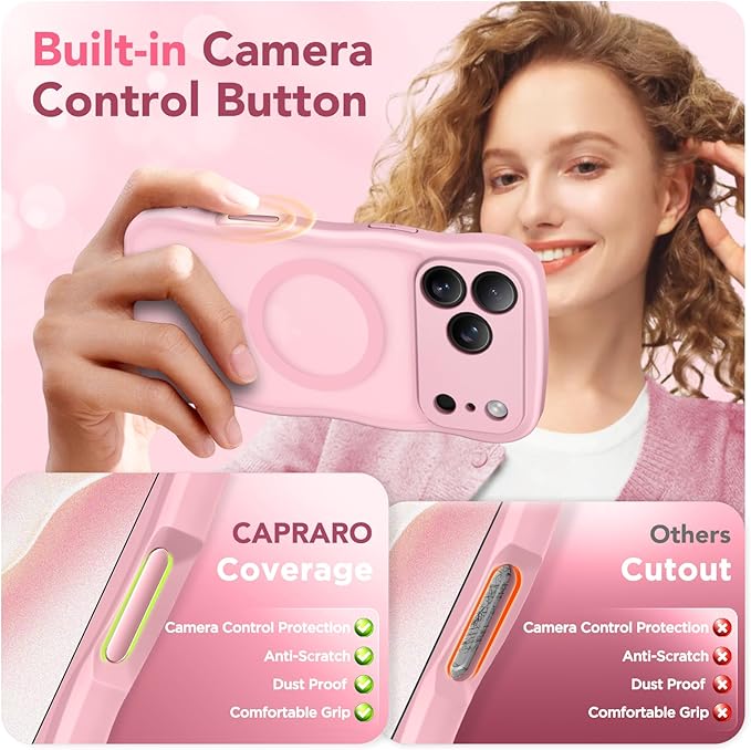 CAPRARO Magnetic for iPhone 17 Pro Max Case for Women Girls, Upgraded [Full Camera Protection] [Compatible with MagSafe] Cute Wave Translucent Matte Phone Case for iPhone 17 Pro Max, Peach Pink