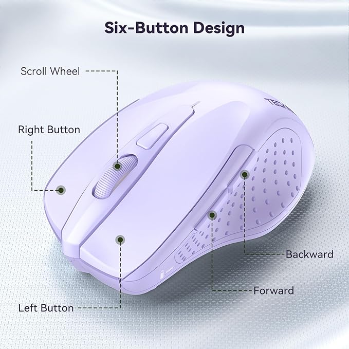 TECKNET Wireless Mouse, 2.4G Ergonomic Optical Mouse, Computer Mouse for Laptop, PC, Computer, Chromebook, Notebook, 6 Buttons, 24 Months Battery Life, 2600 DPI, 5 Adjustment Levels - Lavender