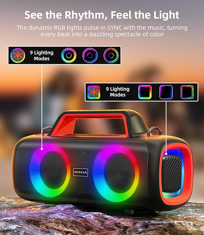 Portable Bluetooth Speaker 140W, Loud Wireless Speaker with 2 Subwoofers & Bass Boost, IP65 Waterproof Outdoor, 12000mAh Battery 24H Playtime, RGB Lights, TF/AUX/Mic Input for Home, Party, Outdoor