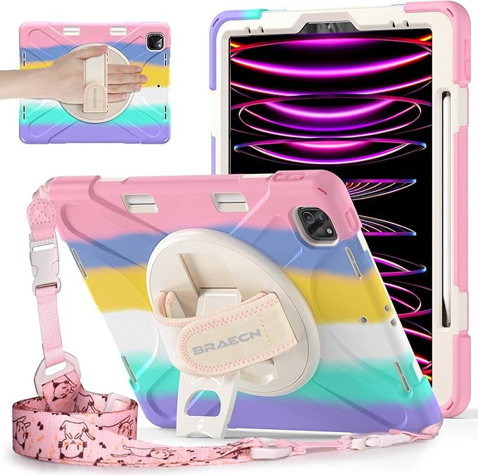 BRAECNstock Kids Case for Apple iPad Air 13 inch (M4/M3/M2)/ iPad Pro 12.9 inch 6th/5th/4th/3rd Gen, Shockproof Protective Case with Pencil Holder, 360° Rotating Hand Strap + Stand, Colorful Pink