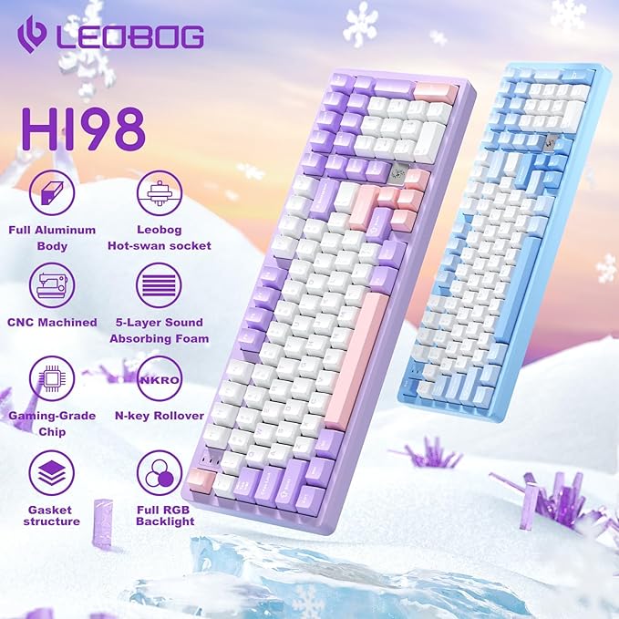 LEOBOG HI98 Mechanical Keyboard, Wired Creamy Gaming Keyboard with Ergonomic Gasket Structure, Hot-Swap Custom RGB Keyboards for Win/Mac/Android/Gamer - Purple, Star Vector Switch