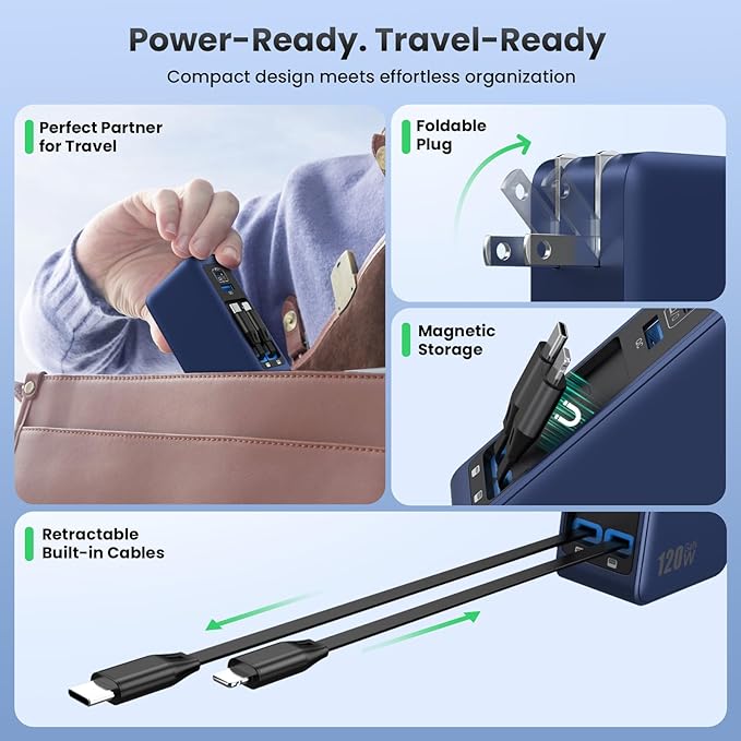 USB C Charger Block 120W with Built-in 2 Retractable Cables, 4-in-1 GaN IV Charger Fast Charging Foldable Plug Wall Charger,PD 65W Laptop Charger for MacBook,iPad,iPhone 17/16,Galaxy,Android-Dark Blue