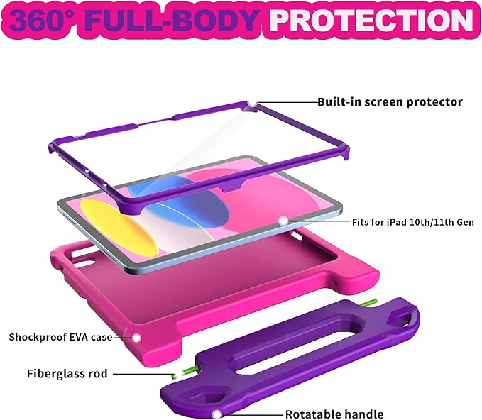 YIHE Kids Case for iPad (A16) 11th Generation 11 Inch 2025 & iPad 10th Generation 10.9 inch 2022, with Built-in Screen Protector and Handle Stand, Full Body Shockproof Protective Cover, PinkPurple