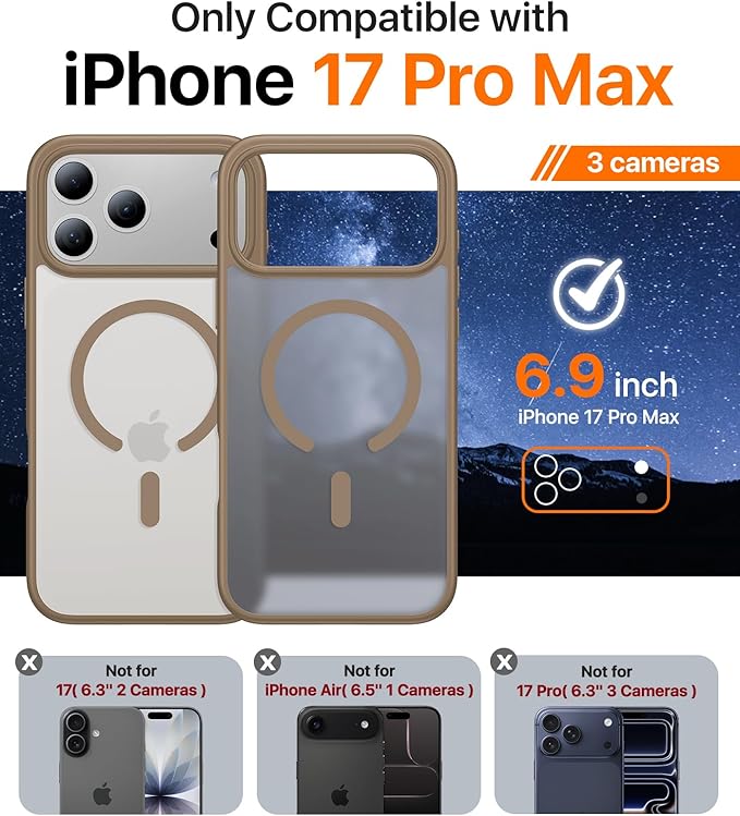 Magnetic for iPhone 17 Pro Max Case,[Anti-Slip][Compatible with MagSafe][Military Grade Drop Protection] Shockproof Protective Translucent Matte Phone Case for iPhone 17 Pro Max Case,Brown