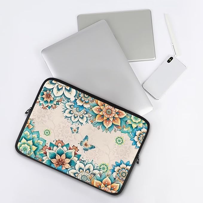 Boho Flower Butterfly Laptop Protective Sleeve for Women Computer Sleeve 12 Inch Laptop Case Bag Portable Computer Carrying Case Suitable GITS for Men Teens