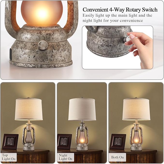 Farmhouse Rustic Table Lamps for Living Room Set of 2,Vintage Lantern Table Lamp with Dual USB Ports, 25" Tall Retro Bedside Lamp for Bedroom Nightstand, 4 Bulb Included (Iron Gray)