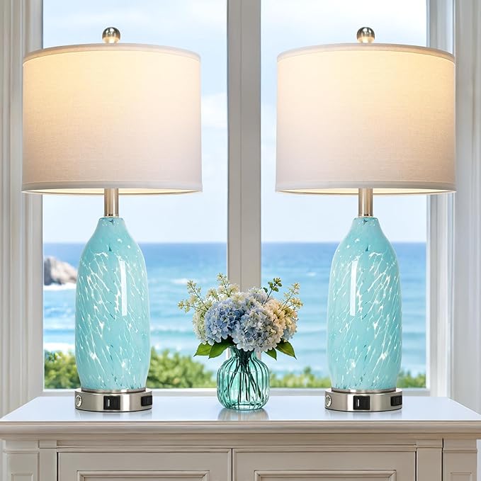 Rinweey 26" Bule Glass Table Lamps Set of 2,Nautical lamp with USB A+C Ports & AC Outlet,Coastal Bedside Lamps with 3-Way Dimmable Touch Control Night Light for Bedroom Living Room,Sky Blue