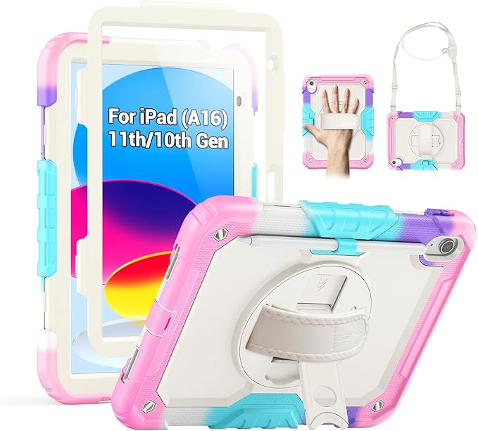 SEYMAC Case for iPad (A16) 11th/10th Generation 2025/2022 (11″/10.9″), Sturdy Heavy Duty Full-Body Shockproof Protective Case with Screen Protector, Rotating Stand, Hand/Shoulder Strap, Colorful/Pink