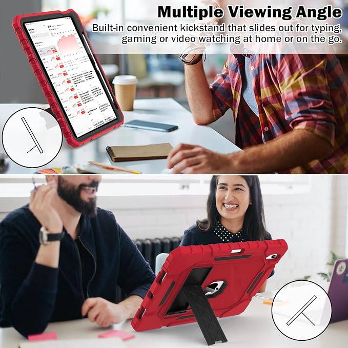 ZoneFoker Case for iPad (A16) 11th/10th Generation 11/10.9 inch 2025/2022, Heavy Duty Military Grade Shockproof Rugged Cover with Pencil Holder/Stand for i Pad 11th / 10 th Gen (Red+Black)