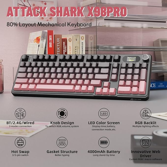 ATTACK SHARK X98PRO Wireless Mechanical Keyboard,Multi-Function Knob&TFT Screen,Tri-Mode BT/2.4GHz/USB-C Keyboard,Hot-Swappable RGB Backlit,4000mAh 98 Keys,Cloud Drive,for Win/Mac/Linux-BlackBerry