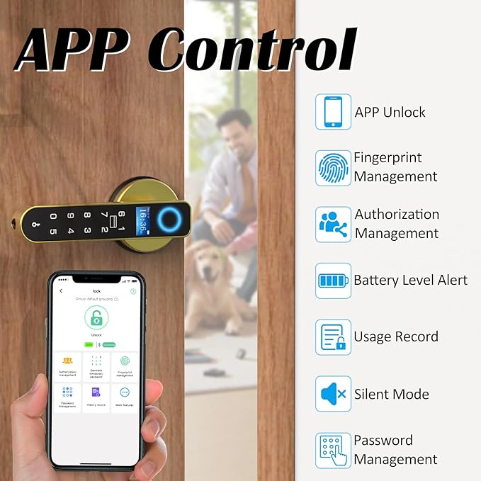 Fingerprint Keyless Entry Bedroom Door Lock with Code RFID Card NFC APP Keypad, Smart Biometric Automatic Interior Door Handle with Lock for Indoor Hotel Pantry Apartment Office Home, Gold