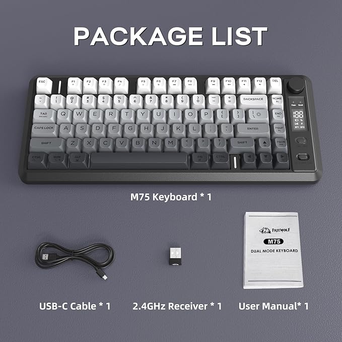 FREEWOLF M75 Wireless Mechanical Feel Gaming Keyboard Bluetooth/2.4Ghz Membrane with Knob & OLED Display Rainbow Backlit Gradient PBT Keycaps 2000mAH Battery Anti-Ghosting-Moonnight