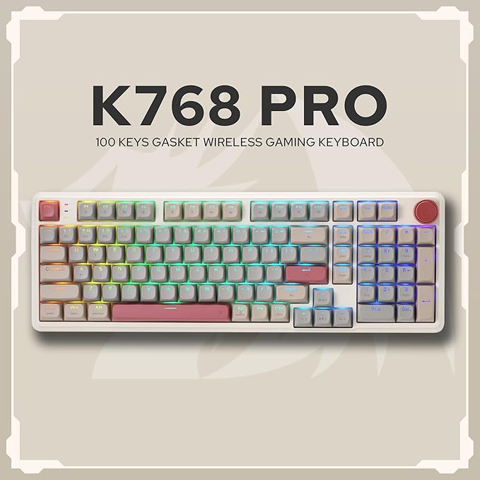 Redragon K768 PRO 100 Keys Wireless Gasket RGB Gaming Keyboard, Massive 8000 mAh PBT Mechanical Keyboard w/Hot-Swap Socket, Dedicated Knob Control & 5-Layer Noise Dampening, Custom Yolk Linear Switch