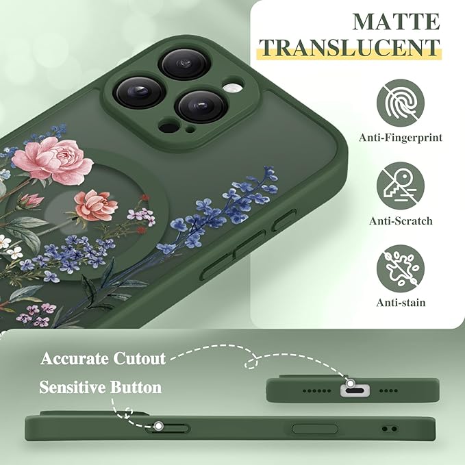 GVIEWIN for iPhone 16 Pro Max Case Compatible with MagSafe, [Military Grade Protection] [Screen Protector] Full Camera Protection Floral Translucent Women Magnetic Phone Case, Lush Garden/Forest Green