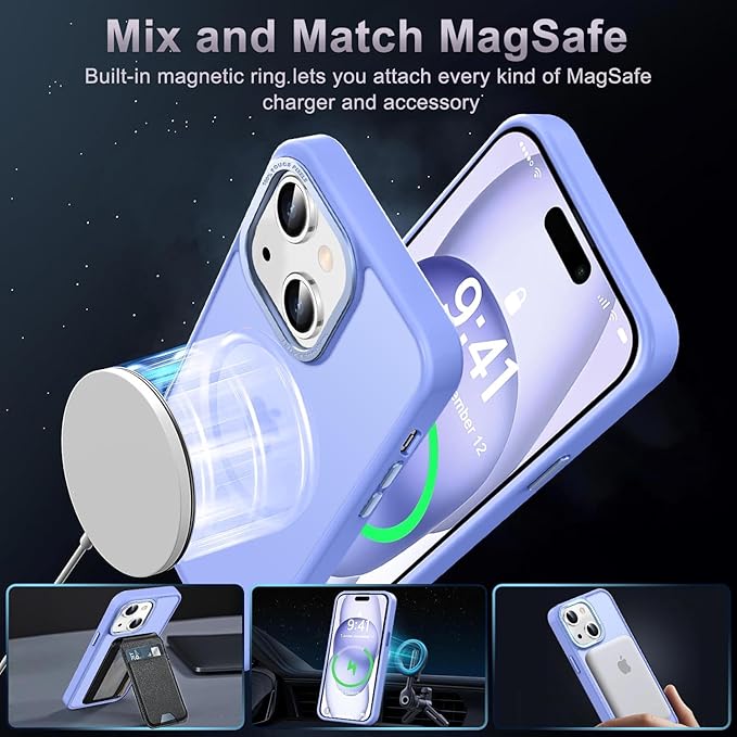 Newfuture Magnetic for iPhone 15 Case [Compatible with Magsafe] [Military Grade Drop Protection] Translucent Matte Anti-Fingerprint Shockproof Phone Case for iPhone 15 6.1 inch, Light Purple