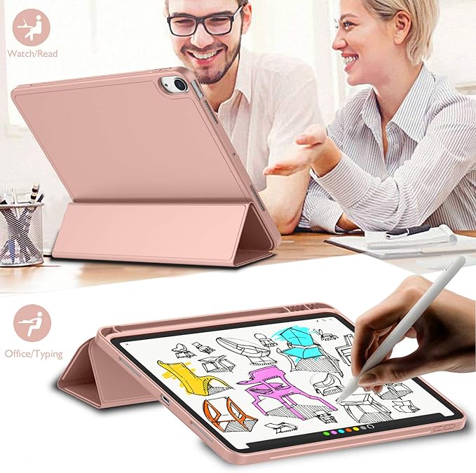 iMieet iPad Air 11 Inch Case M4/M3/M2(2026/2025/2024), iPad Air 5th/4th Generation Case 2022/2020 10.9 Inch with Pencil Holder,Trifold Stand Smart Case with Soft TPU Back(Rose Gold)