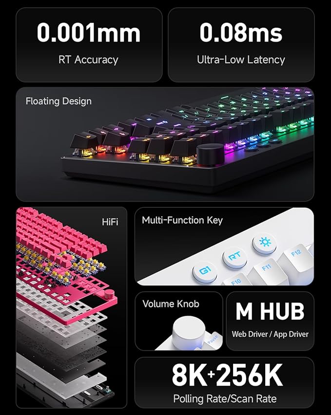 MCHOSE Mix 87 TKL Wired Gaming Keyboard Magnetic Switch Hall Effect Keyboards Rapid Trigger SOCD 8K Polling Rate Volume Knob Adjustable Actuation RGB HotSwap Red Apollo Switch