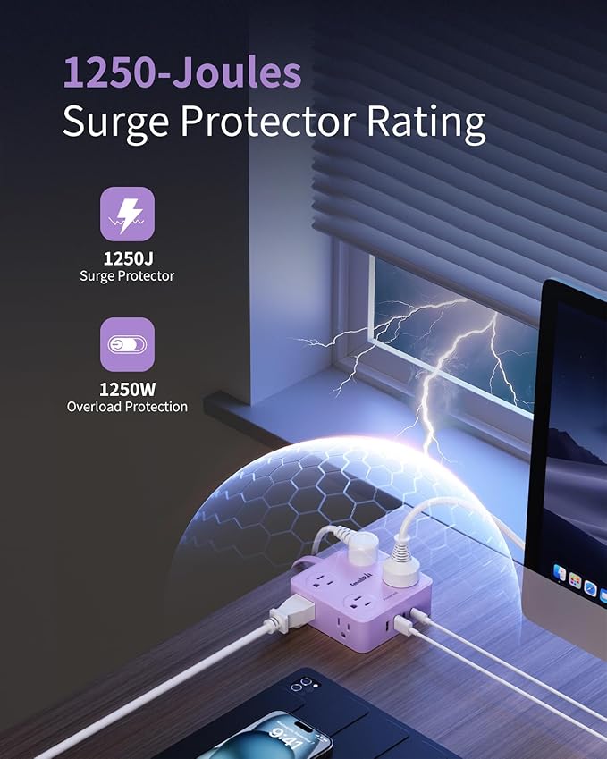 Extension Cord with Multiple Outlets, SMALLRT Surge Protector, 10FT Flat Plug Power Strip, Power Strips with Surge Protection with USB Ports, 8 Outlets, Outlets Extender for Home Office, Purple