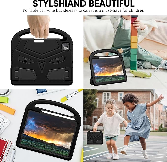 Kids Case for Apple iPad Air 11-inch M3 (2025) /M2 (2024) with Pencil Holder/Handle/Kickstand Lightweight Soft EVA Foam Shockproof Stand Tablet Cover for iPad Air 11" M3/M2, Black Bird
