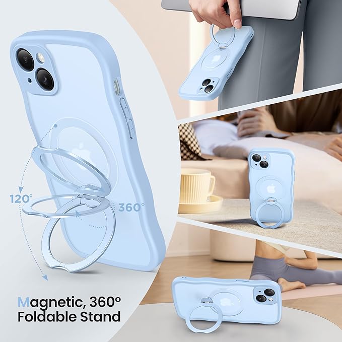 CAPRARO for iPhone 15 Plus Case with 360° Spin Magnetic Stand for Women, [Compatible with MagSafe] [Full Camera Protection] Cute Wave Translucent Matte Case for iPhone 15 Plus, Sky Blue