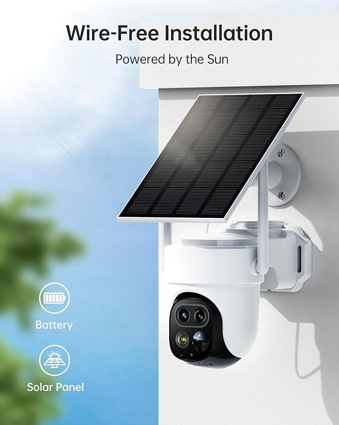 4K Dual-Lens Outdoor Wireless WiFi Security Camera System for Home, No Subscription Required, Solar Powered, 4-Cam Kit, 360° Pan & Tilt, Auto Tracking, Color Night Vision, Easy Setup