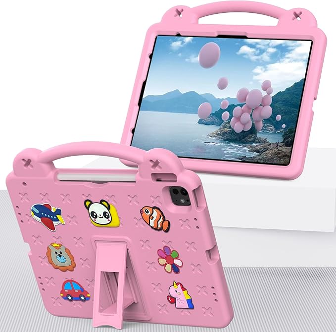 Kids Case for iPad Pro 11-Inch 2022/2021/2020/2018 (4th/3rd/2nd/1st Generation) & iPad Air 5th/4th Gen Case 2022/2020 10.9" with Kickstand/Handle/Pencil Holder Stand Girl Boy Cover, Rose
