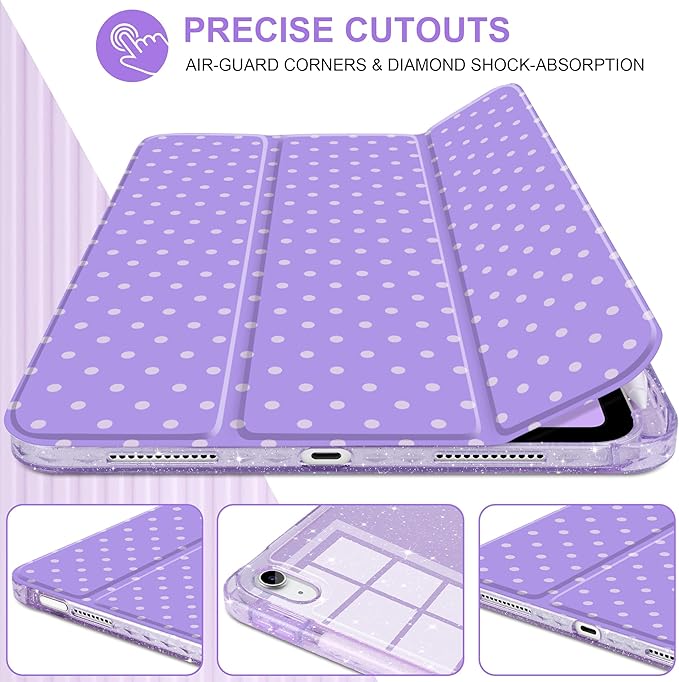 DONGKE for iPad Pro 11 inch Case – Fits M5 2025 / M4 2024, Shockproof Sparkling Glitter Acrylic Back, Pencil Holder, Trifold Stand, Auto Sleep/Wake & Touch ID Support - Purple Polka Dot
