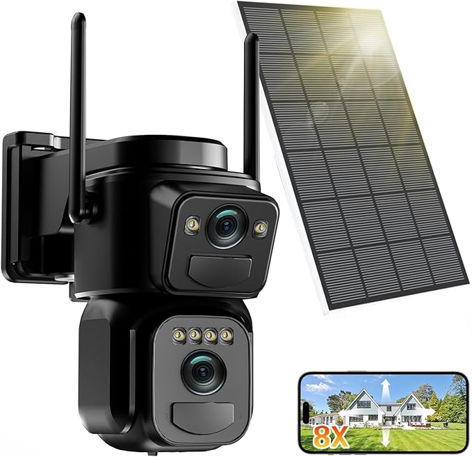 4K Solar Security Cameras Wireless Outdoor Battery Powered, 5GHz & 2.4GHz Dual Lens Bullet & 360° PTZ Outdoor Security Camera with Solar Panel, Digital Zoom, Night Vision,PIR Sensor (1Pack)