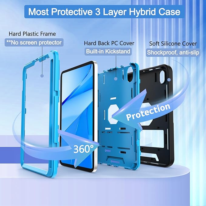 CCMAO for iPad mini 7 A17 Pro Case, iPad mini 6th/7th Generation Case (2021/2024), with Pencil Holder and Kickstand, Heavy Duty Shockproof Hybrid Three Layer Protective Cover, Black+Sky Blue