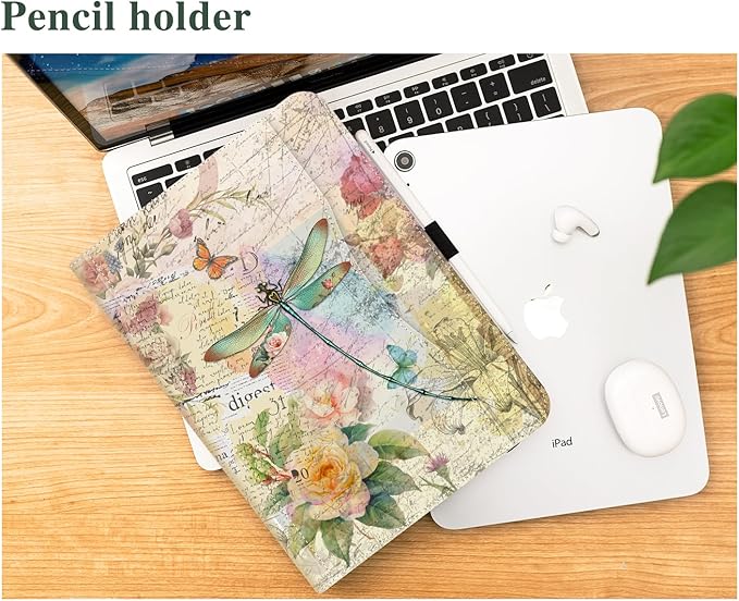 Vimorco Case for iPad (A16) 11th Generation 2025, for iPad 11th/10th Generation Case, Pencil Holder with Hand Strap & Pocket, Multi-Angle Viewing PU Leather Cover, Auto Wake/Sleep, Dragonfly Flower