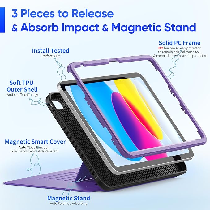 SEYMAC stock Case for iPad (A16) 11th/10th Generation 11''/10.9'', Strong Magnetic Auto Sleep Shockproof Case with Absorbing Multi-Angles Stand, Pen Holder, Card Slot (Purple)