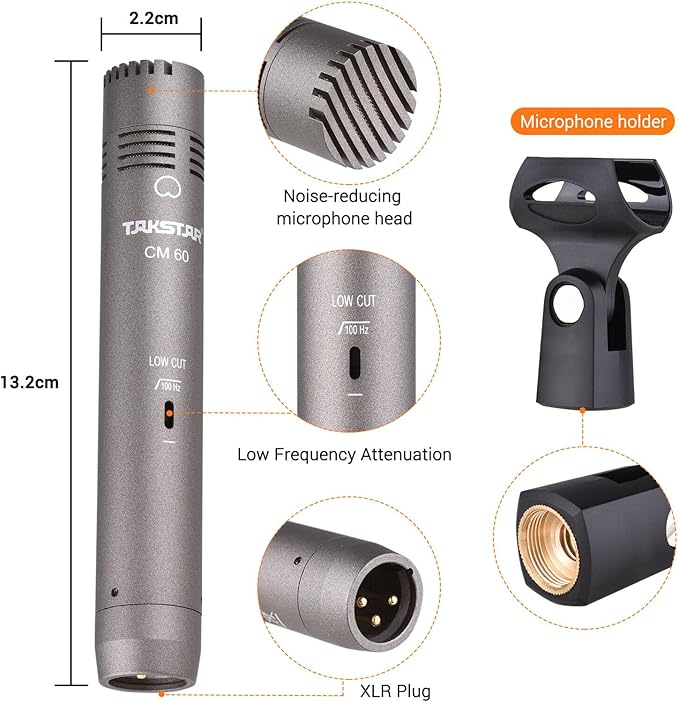 TAKSTAR Condenser Microphone with Windscreen, Professional Cardioid Mic, XLR Gold-Plated Diaphragm Recording Microphone for Singing, Studio, Instrument, Interview, Radio Stations, Broadcast - CM-60