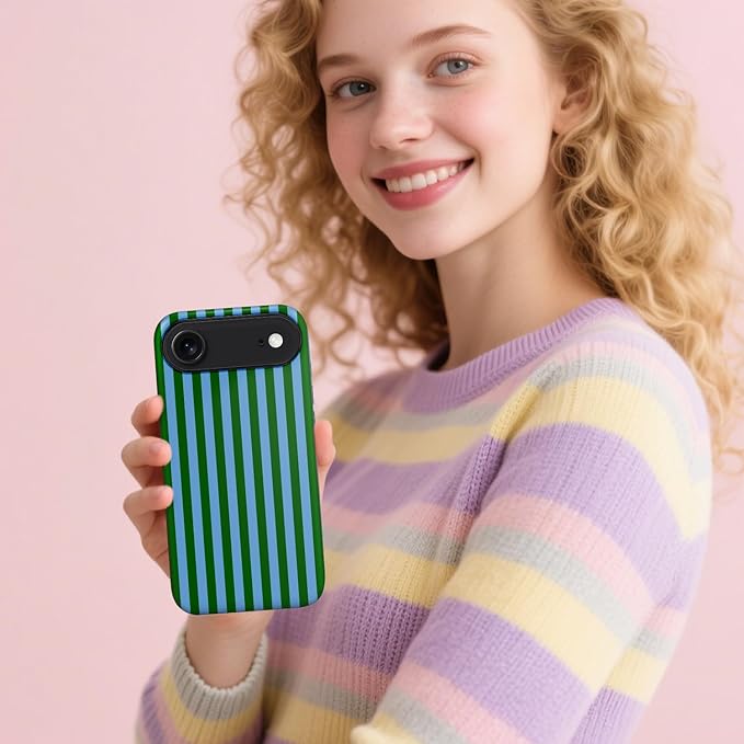 Magnetic for iPhone 17 Air Case Cute Stripes Phone Case, Shockproof Slim TPU and Hard PC Protective Phone Cover Compatible with MagSafe Designed for Women Girls, Green and Blue