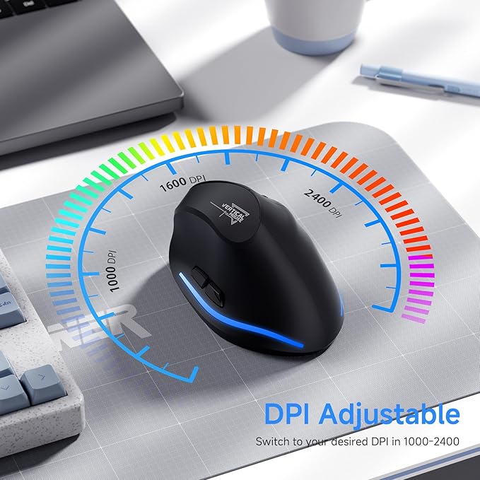 ECHTPower Wireless Bluetooth Mouse, Ergonomic Mouse with LED Light, Tri-Mode BT5.0+BT5.0+2.4GHz, Vertical Mouse Adjustable DPI 2400/1600/1000, Rechargeable Mice for PC, Laptop, Mac, Window