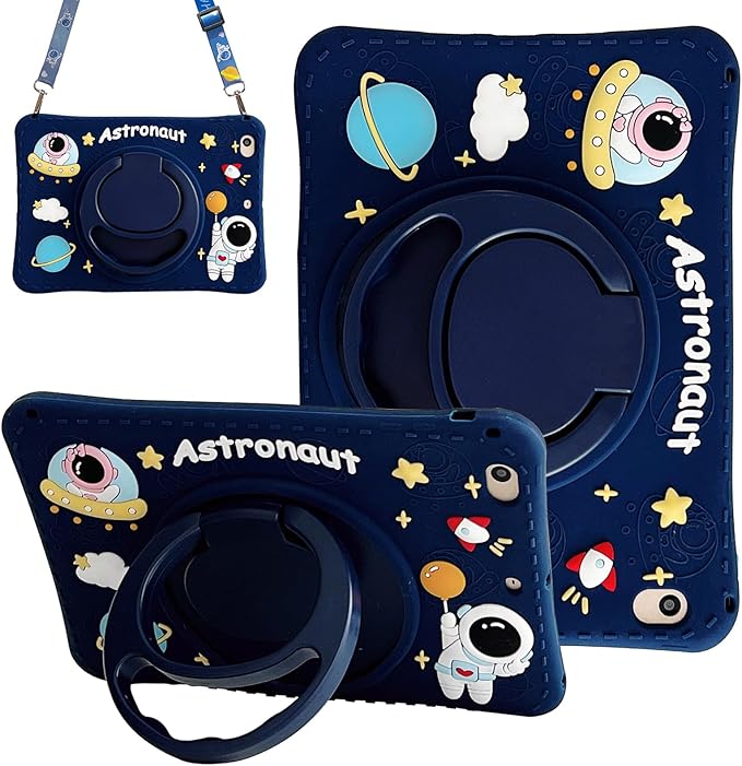 Kids Case for Apple iPad A16 11" 11th 10th Gen 10.9" 2025 2022,Cute Design EVA Kickstand Heavy Duty Shockproof Kids Friendly Bumper Case with Shoulder Strap Cover for iPad 11th 10th Gen,Blue Astronaut